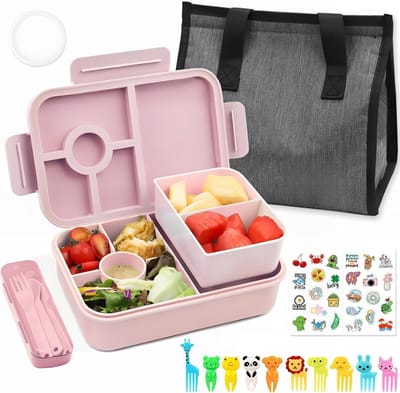 Famanu - Bento Lunchbox, 1300 ml, lekvrij, met 4 vakken, bestek voor kinderen en volwassenen, snackbox voor school, kleuterschool, kantoor, roze
