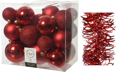 Kerstversiering kunststof kerstballen 6-8-10 cm met golf folieslingers pakket rood van 28x stuks - Kerstboomversiering