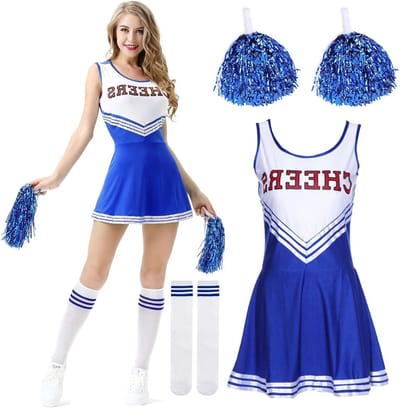 Vrouwelijk cheerleader kostuum voor volwassenen en meisjes, inclusief pompons en sokken voor carnaval, themafeesten en Halloween.
