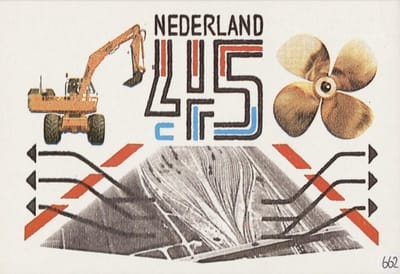 Briefkaart met afbeelding Rangeerterrein, graafmachine, scheepsschroef postzegel