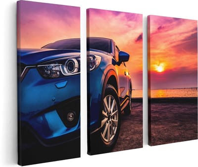 Artaza Canvas Schilderij Drieluik Blauwe Sportwagen Auto Bij Zonsondergang - 120x80 - Foto Op Canvas - Canvas Print