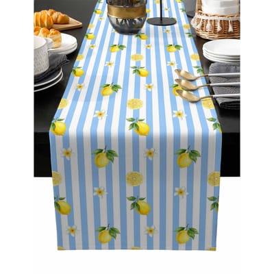 Chemin de table rayé bleu et blanc à motif floral citronné en lin Décoration de maison Lavable Chemin de table pour table de salle à manger de cuisine de ferme Décorations de fête 150x33cm white