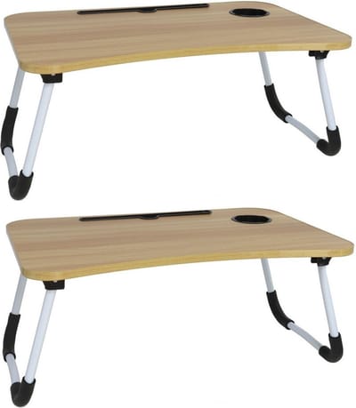 2x stuks laptoptafel / schoottafel / bedtafel naturel MDF hout 65 x 40 x 26 cm - Tafeltje met tablethouder en bekerhouder