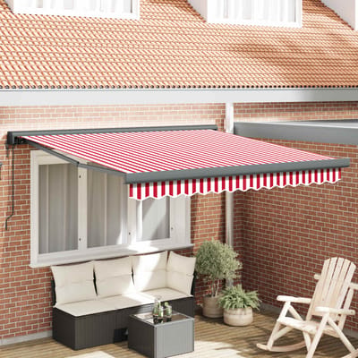 vidaXL - Uitschuifbare - luifel - Rood - en - Wit - 300 - x - 250 - cm - Stof - en - Metaal