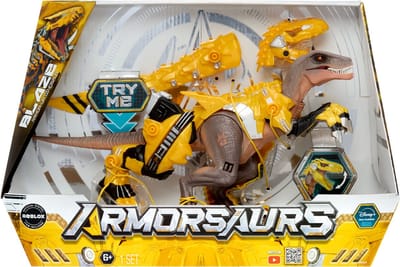 Armorsaurs Armor-Up Dinosaurus Blaze - de gele velociraptor - met 7 verwijderbare pantseronderdelen en opensperrende kaken