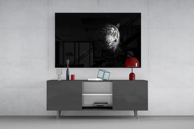 Glasschilderij Tijger met Groene Ogen - Dark Art Design - Luxe Dieren Wanddecoratie - 90 x 60 cm