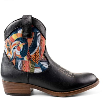 Inkkas Cyprus Western Boot dames laars – bruine leren westernlaars met berg- & mouflon motief – turquoise details – mid-hoog model met comfortabele hak, maat 39