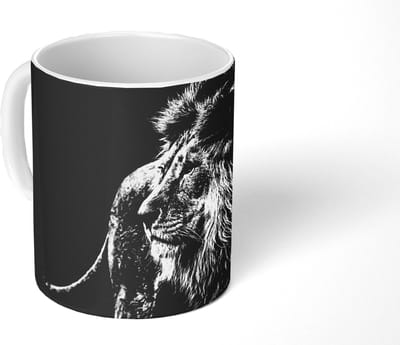 Mok - Koffiemok - Dieren - Wild - Leeuw - Zwart - Wit - Mokken - 350 ML - Beker - Koffiemokken - Theemok