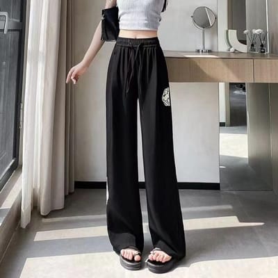 Nieuwe Chinese Stijl Geborduurde Broek met Wijde Pijpen voor Dames In de Zomer Dunne Hoge Taille IJszijde Smalle Versie Rechte Pijpen Casual Broek voor Dames 2XL gray