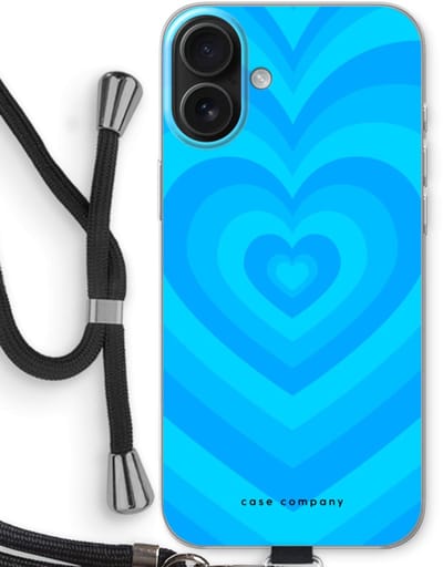 Case Company® - Hoesje met koord geschikt voor iPhone 16 Plus hoesje met Koord - Hart Blauw - Telefoonhoesje met Zwart Koord - Bescherming aan alle Kanten en Over de Schermrand