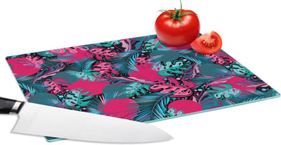 Glazen Snijplank - 28x20 - Bladeren - Hawaii - Design - Roze - Blauw - Snijplanken Glas