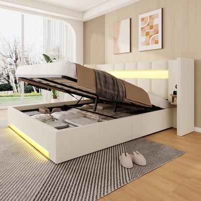 REDOM - Bedframe - Fluweel - Extra Breed Hoofdbord - USB-Aansluitingen - Opbergkasten - LED-Verlichting - Hydraulische Opbergruimte - Beige - 160x200 cm