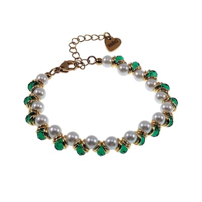 15 tot 20cm Armband Dames - Verguld RVS - Kristal en Schelp Parelarmband - Groen en Witte Armband - Verstelbare Kralenarmband