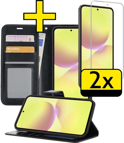 Hoesje - Met 2x Screenprotector - Geschikt voor Samsung Galaxy A36 - Luxe Pasjeshouder - Bookcase Portemonee - Flip Case - Kunstleer Book Case - Flipcase Hoes - Book Cover - Walletcase - Portemonneehoes - Telefoonhoesjes - Zwart