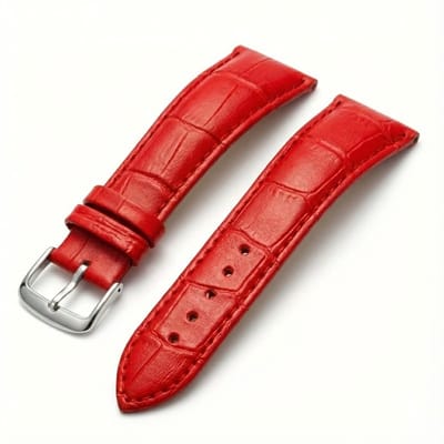 Rood horlogebandje 16 mm geschikt voor dames en heren met krokodillenlook structuur en zilverkleurige gesp, smal vervangend horloge bandje met stiksel