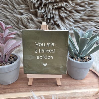 Robuust Wenstegeltje – You Are a Limited Edition – Hip trendy tegeltje – 10x10 cm – Uniek Cadeau voor Vriendin, Juf, Tante, Zus of Collega – Stijlvolle Woondecoratie met Boodschap – Trendy nu – Decoratief Tegeltje met Standaard – Cadeau Idee