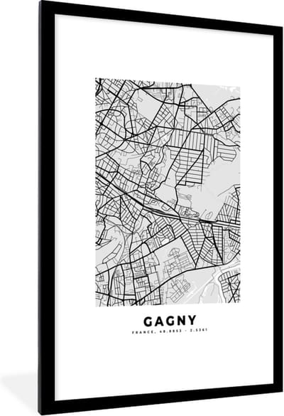 Fotolijst incl. Poster - Plattegrond – Gagny – Stadskaart – Kaart – Frankrijk - 80x120 cm - Posterlijst