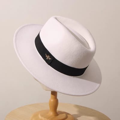 Nouveau Chapeau Haut-de-Forme en Laine Française à Large Bord Dégageant le Visage pour Femmes Petite Abeille Style Britannique Chapeau de Jazz Polyvalent average size white
