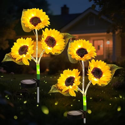 GELLDG 2 Stuks Wegverlichting - Solar Sonnenblume Licht - 3-in-1 Zonnebloem Decoratie met Dag/Nacht Sensor - 75cm en IP65 Waterdicht - Geschikt voor Tuin Balkon Graf Pad