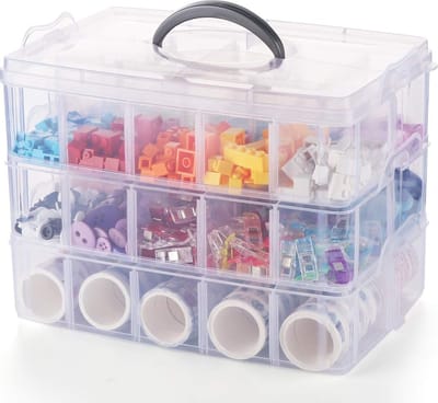 Knutseldoos met compartimenten - 3 - laags en 30 vakken - transparante stapelbare plastic box - organizer met handvat - praktische sorteerdoos voor knutselen - sieraden - speelgoed - naai - accessoires