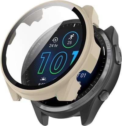 Watch case screenprotector - hoesje - gehard glas - geschikt voor Garmin Forerunner 965 - beige