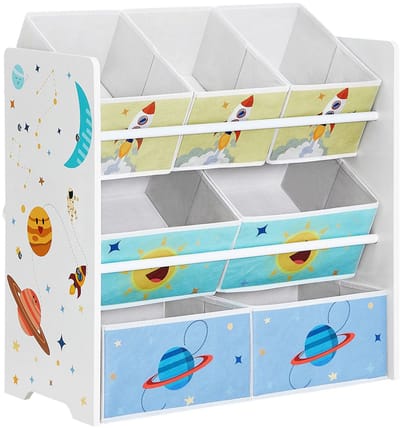 Opbergrek, opbergkast, speelgoedrek, boekenplank met 7 opbergboxen, stevig houten frame, stijlvol ruimte- en sterrenstelselmotief, 29,5 x 62,5 x 60 cm, wit.