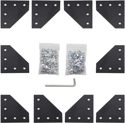 10 stuks L-vormige hoekbevestigingsverbindingsplaat met 50 stuks M5-T-moeren + 50 stuks M5-schroeven + 1 stuk sleutel voor standaard aluminium extrusieprofiel met 6 mm gleuf 2020