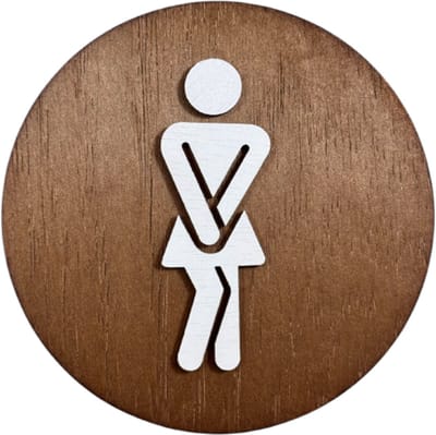 Luxe houten wc bordje - wc sign - toilet bordje - witte afbeelding een vrouw op een bruine houten achtergrond - walnoot look - zelfklevend - handgemaakt - medium formaat 14 cm diagonaal