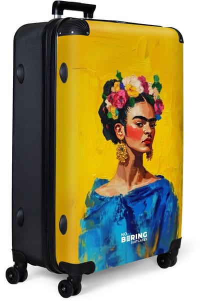 NoBoringSuitcases.com® - Koffer groot - Reiskoffer lichtgewicht - Vrouw met bloemenkrans op gele achtergrond - Rolkoffer met 4 wielen - Grote trolley XL - 98 liter bagage