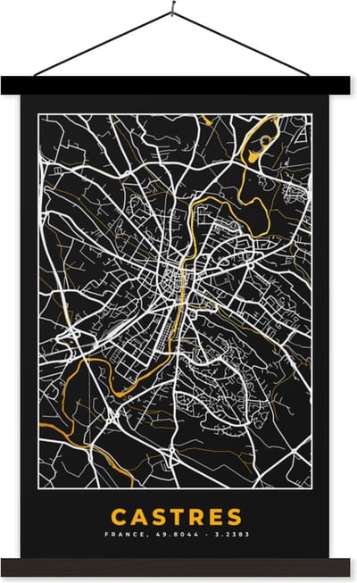 Posterhanger incl. Poster 40x60 cm - Schoolplaat - Plattegrond – Castres – Stadskaart – Kaart – Frankrijk - Textielposter - Zwarte latten - Stadskaart