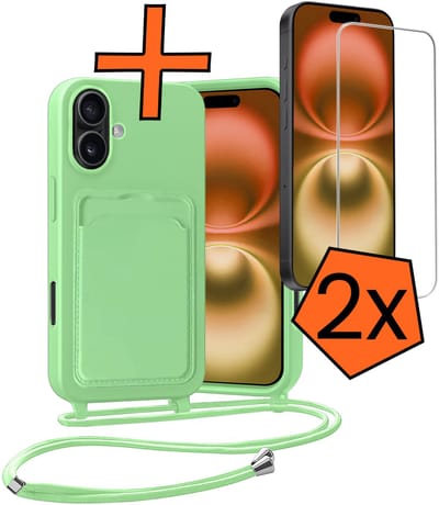 Hoesje Geschikt voor iPhone 16 Plus Hoesje Met Telefoonketting Pasjeshouder Case Met 2x Screenprotector Koord - Hoesje Geschikt voor iPhone 16 Plus Hoes Met Kaarthouder - Groen