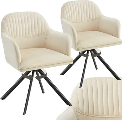 tectake® Fluwelen draaistoel - Bureaustoel - Eetkamerstoel met armleuningen - Fluwelen bureaustoel, keukenstoel, woonkamerstoel - 56 x 59 x 81 cm - Set van 2 - Creme/zwart