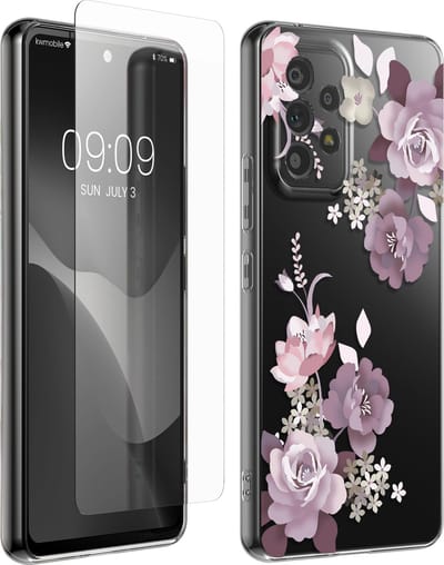 kwmobile telefoonhoesje geschikt voor Samsung Galaxy A53 5G hoes - Telefoonhoesje voor smartphone - Telefoon cover - Met glazen schermbeschermer - Bloesems en rozen design