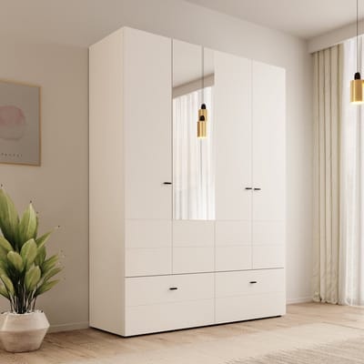 Meubella - Nouran - Kledingkast 4-deurs met lades - Wit - 155x52x208 cm