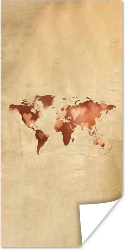 Poster 60x120 cm - Wereldkaart - Hart - Bruin - Posters - Kamer decoratie - Wanddecoratie woonkamer - Muurdecoratie slaapkamer