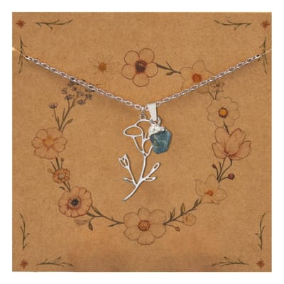Bixorp Geboortebloem + Geboortesteen Ketting September - Dagbloem & Saffier - Zilverkleurig Stainless Steel - Bloem & Ruwe Edelsteen Hanger - 45+5cm