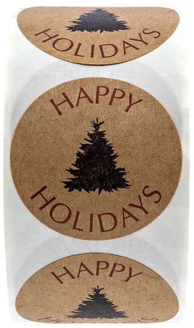 Dailygoods- Kerstboomstickers 500 Stuks - Happy Holidays - Ronde Plakkers - Kraft Papier - Decoratieve Cadeaulabels - Makkelijk Plakken