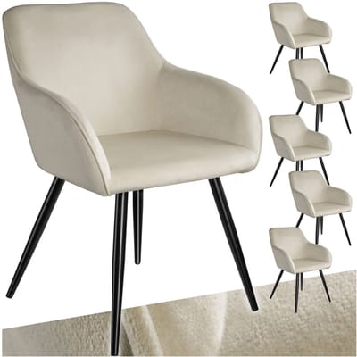 tectake® Eetkamerstoel Marilyn - Set van 6 - Met Armleuningen - Elegante Stoel met Gevoerde Zitting in Fluweellook - Gestoffeerd - Zwarte metalen poten - Ergonomische Keukenstoel - Stoel voor Woonkamer, Eetkamer en Slaapkamer - Creme