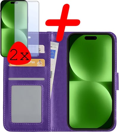 Hoesje Met 2x Screenprotector - Geschikt voor Apple iPhone 15 - Luxe Pasjeshouder - Bookcase Portemonee - Flip Case - Kunstleer Book Case - Flipcase Hoes - Book Cover - Walletcase - Portemonneehoes - Paars