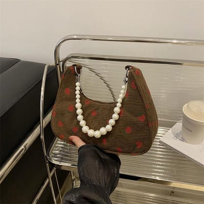 Schattige Aardbeien Tas Kleine Tas Zomer Okseltas Parel Handtas Corduroy Eén-schouder Handtas Dames gray