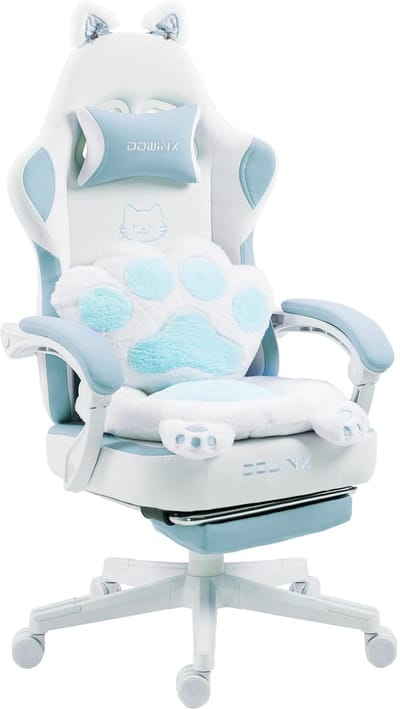 Dowinx Gamingstoel met Kattenoren - Ergonomische Bureaustoel met Voetensteun - Stoffen PC Stoel - Pocketvering - 90-145° Verstelbaar - 140 kg-Blauw-wit
