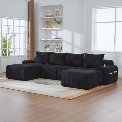 DESMIU Bank Set 333 Cm - Modulaire 4-Zits Met 2 Hockers, Bekerhouder En Opbergtas - Voor Woonkamer En Familiekamer - Corduroy Zwart