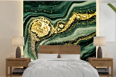 Behang - Fotobehang Marmer - Goud - Glitter - Groen - Marmerlook - Luxe - Breedte 240 cm x hoogte 240 cm