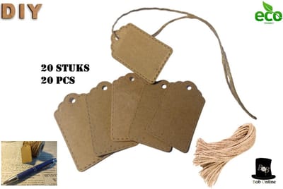 Bob Online ™ - 20 Stuks - Kraftpapier Etiketten – 5.8 x 2.8 cm – Mini Cadeauhangers met Jute Koord voor Huwelijksgeschenken, Kerstcadeaus, Feestgeschenken, Cadeaudecoratie – Craft Paper Gift Tags – Mini Gift Tags + Jute Cord