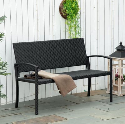 MEUNIQ 2-zits tuinbank 122 x 60 x 85 cm van polyrattan met stalen frame en rugleuning, zwart, voor tuin, terras of balkon