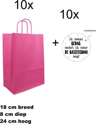 10x Geschenktassen Roze - 10x Sluitstickers - Ik zwaai gedag Basisschool - 18+8x24cm - 40mm - 10 stuks - Cadeautasje - Tassen - Geschenk - Verpakkingen - Geschenktasjes - Roze - Uitdelen - Trakteren - Luxe inpakken - Uitdeeltraktatie - Cadeautasje