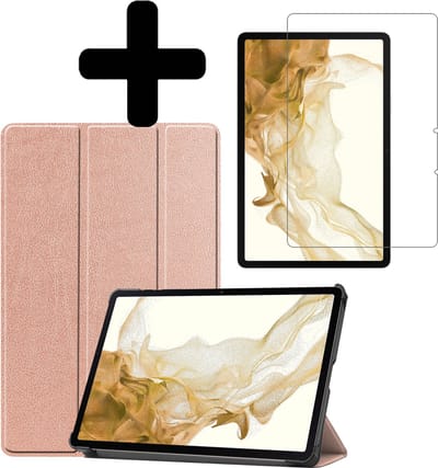Hoes - Geschikt voor Samsung Galaxy Tab S8 - Met Screenprotector - Trifold Bookcase - Hard Cover - Hardcover Book Case - Tablet Hoesje - Rosé goud