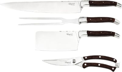 Messenset voor Vlees en Gevogelte, 4 delig, Wengéhout/RVS, Bruin - Wildschaar, Hakbijl, Trancheermes, Vleesvork - Laguiole by Haws