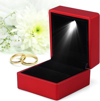 Famanu - Modieuze ringdoos met ledverlichting, doos voor ringopslag, sieradenhouder, ringkoffer voor huwelijksaanzoek, verloving en bruiloft (rood)