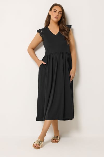 Yours Zwarte Maxijurk Met Broderie Mouwen Size 42